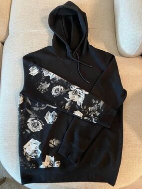 Black Hoodie with White Rose Print